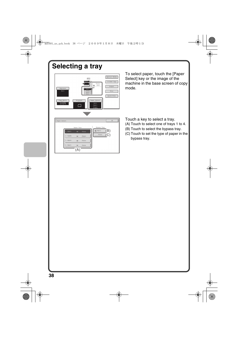 Selecting a tray, B) (c) (a) | Sharp TINSE4377FCZZ User Manual | Page 40 / 144