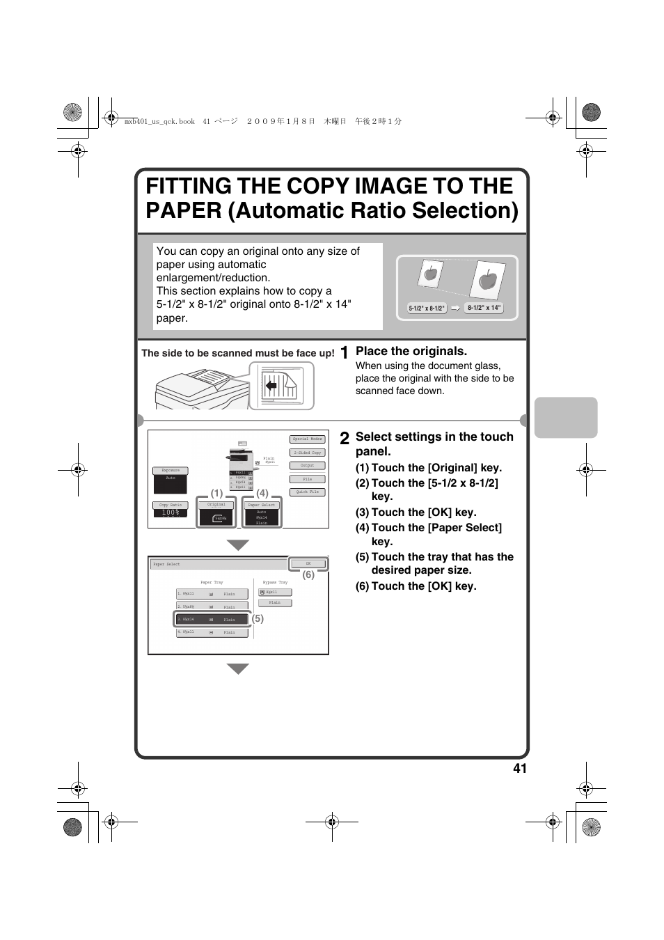 Place the originals, Select settings in the touch panel, The side to be scanned must be face up | Sharp TINSE4377FCZZ User Manual | Page 43 / 144