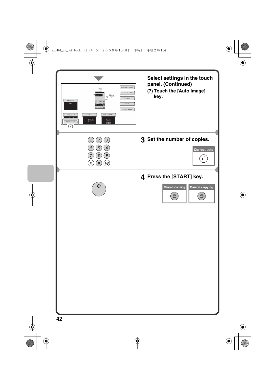 Select settings in the touch panel. (continued), Set the number of copies, Press the [start] key | 7) touch the [auto image] key | Sharp TINSE4377FCZZ User Manual | Page 44 / 144