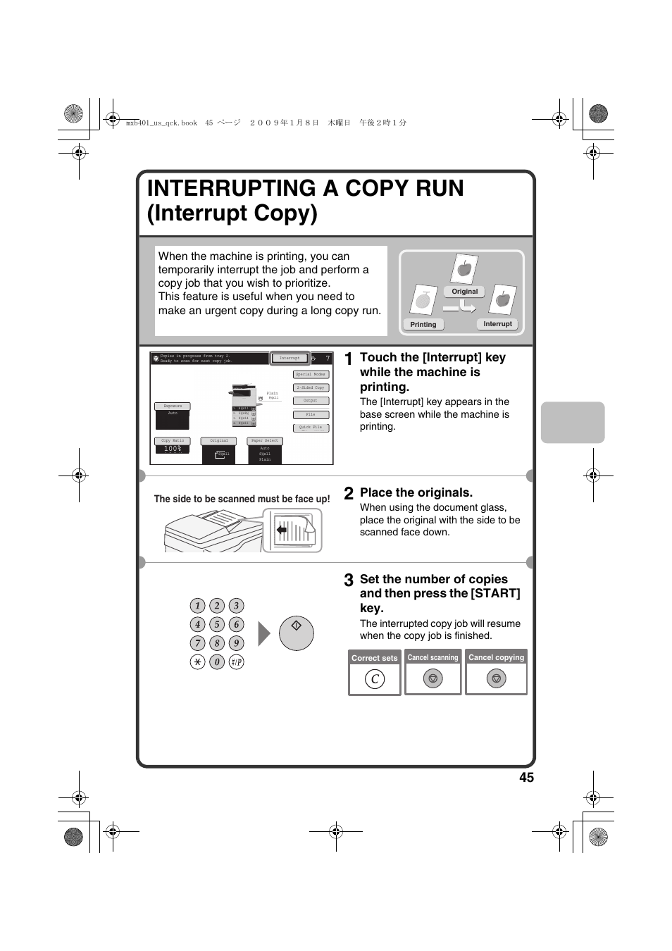 Interrupting a copy run (interrupt copy), Place the originals, The side to be scanned must be face up | Sharp TINSE4377FCZZ User Manual | Page 47 / 144
