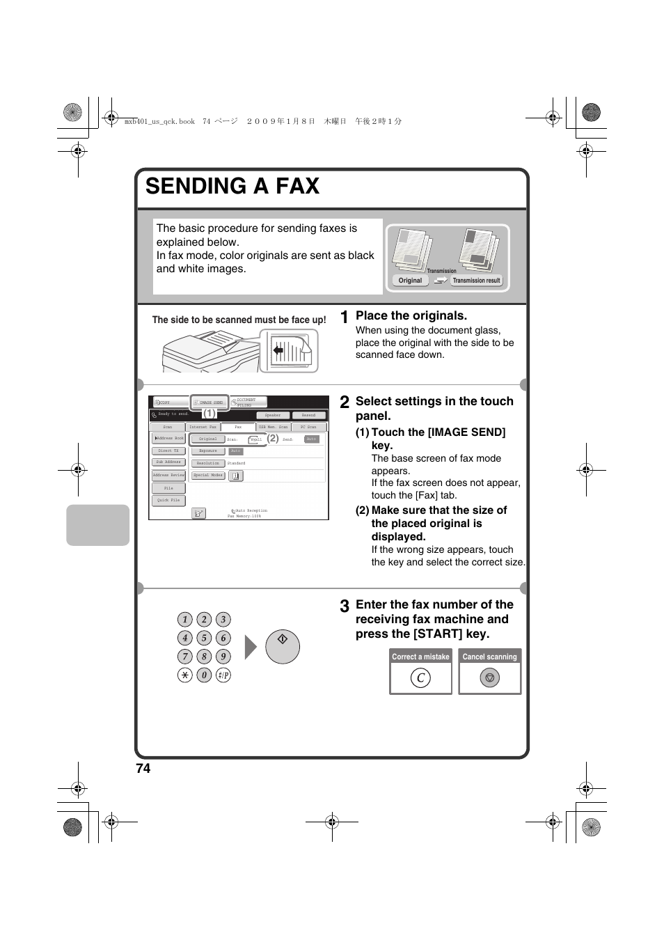 Sending a fax, Place the originals, Select settings in the touch panel | 1) touch the [image send] key, The side to be scanned must be face up | Sharp TINSE4377FCZZ User Manual | Page 76 / 144