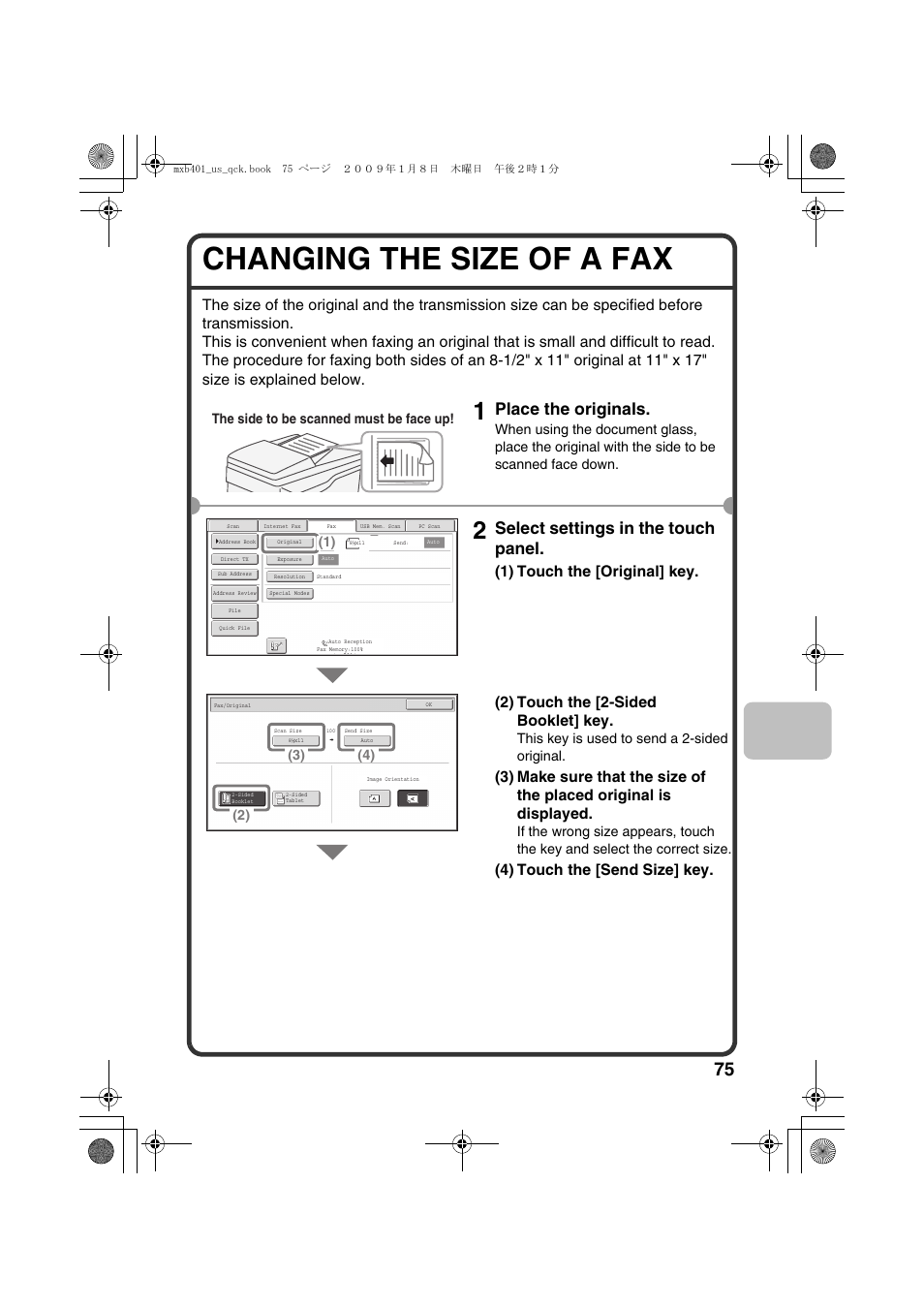 Changing the size of a fax, Place the originals, Select settings in the touch panel | 4) touch the [send size] key, This key is used to send a 2-sided original, The side to be scanned must be face up | Sharp TINSE4377FCZZ User Manual | Page 77 / 144