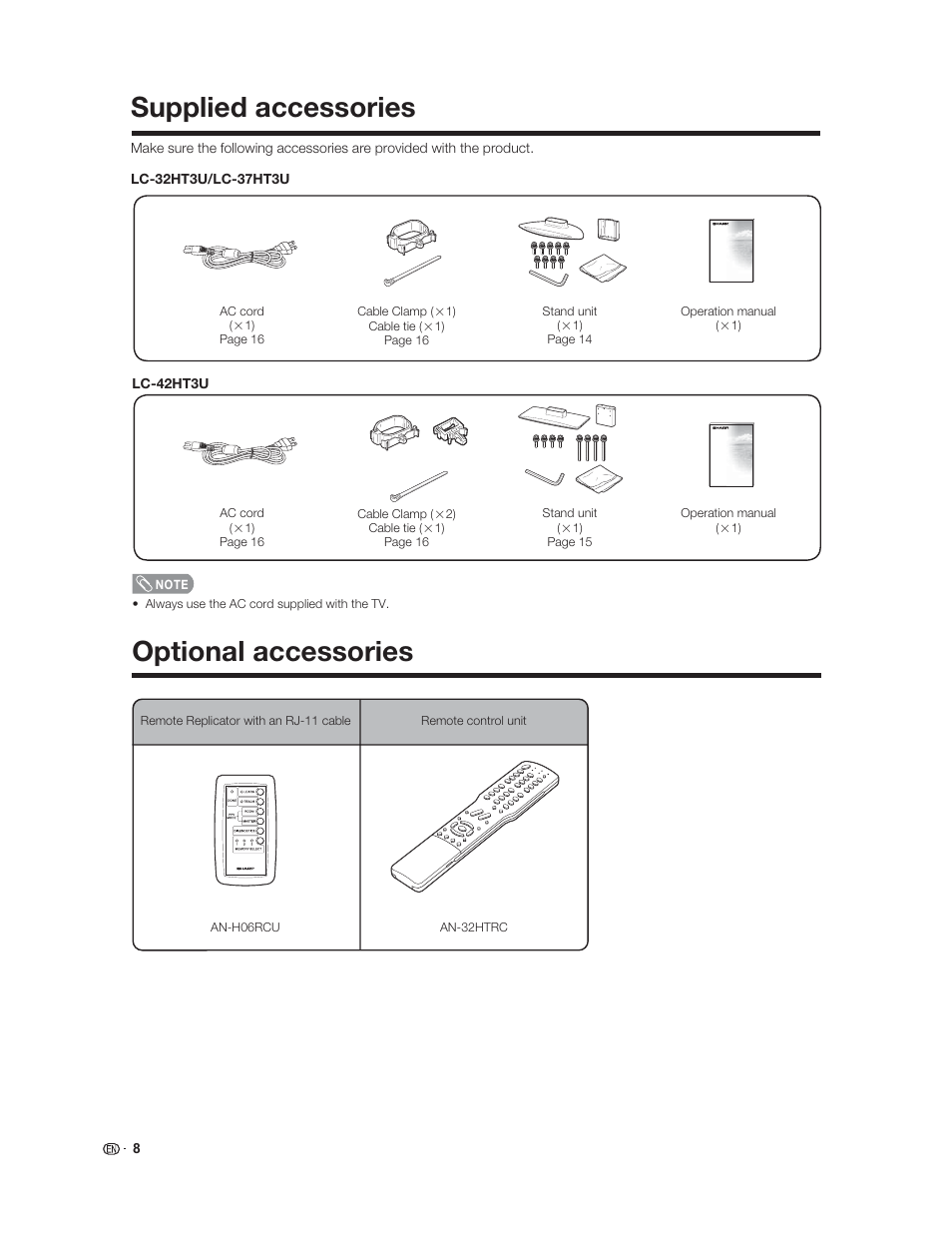 Supplied accessories, Optional accessories | Sharp Aquos LC 37HT3U User Manual | Page 10 / 29