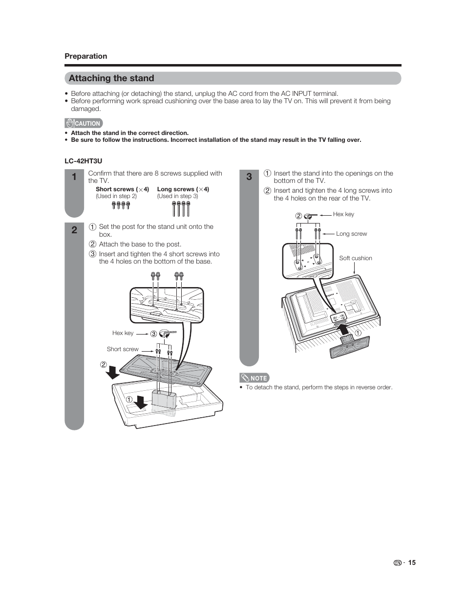 Attaching the stand | Sharp Aquos LC 37HT3U User Manual | Page 17 / 29