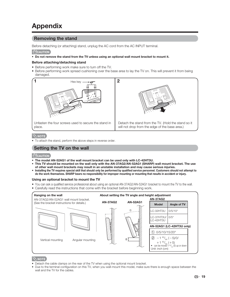 Appendix, Removing the stand, Setting the tv on the wall | Sharp Aquos LC 37HT3U User Manual | Page 21 / 29