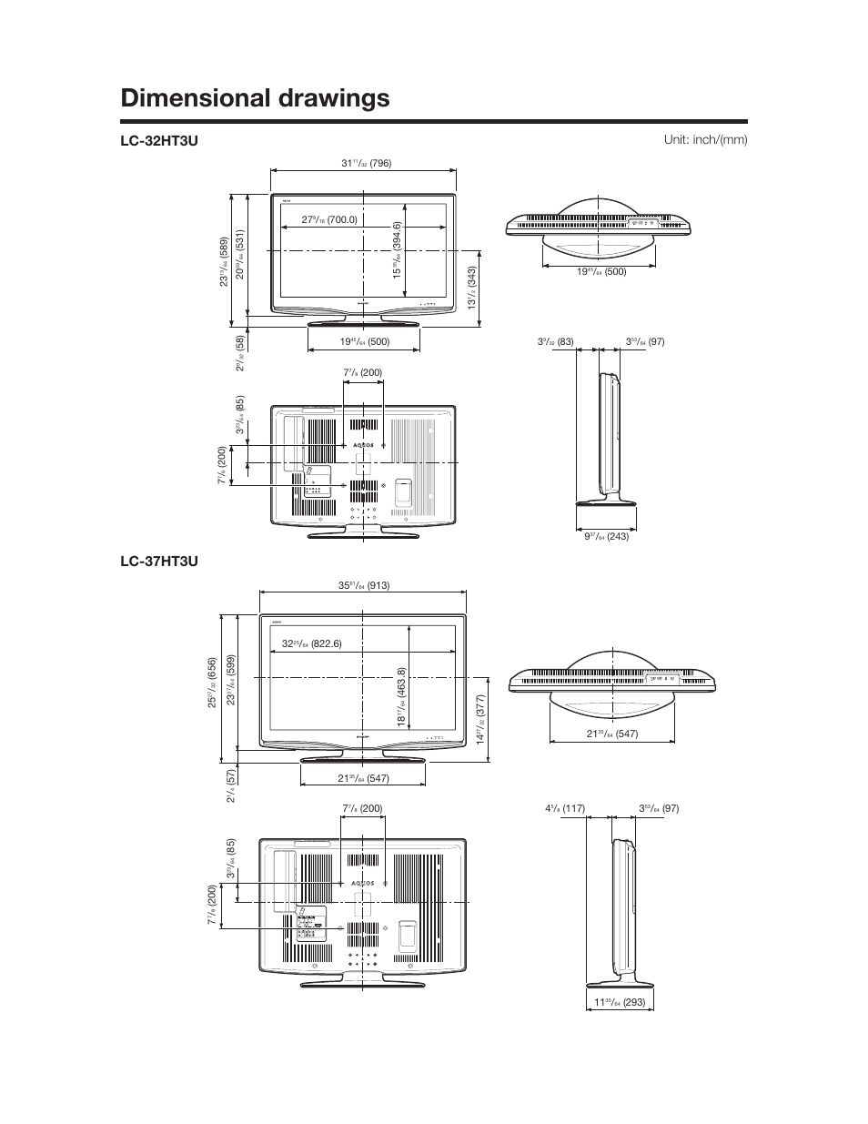 Dimensional drawings, Unit: inch/(mm) | Sharp Aquos LC 37HT3U User Manual | Page 27 / 29