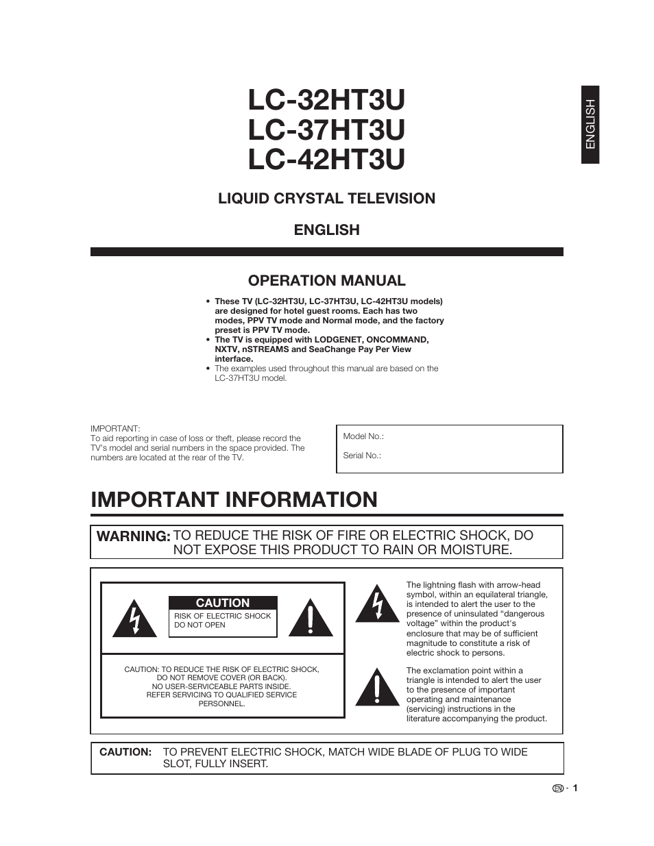 Important information, Warning, Operation manual | Liquid crystal television english | Sharp Aquos LC 37HT3U User Manual | Page 3 / 29