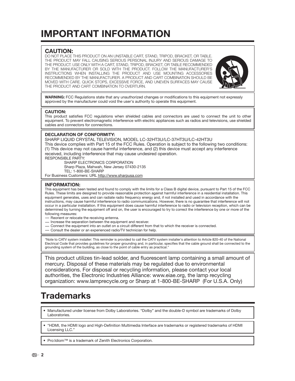 Important information, Trademarks, Caution | Sharp Aquos LC 37HT3U User Manual | Page 4 / 29
