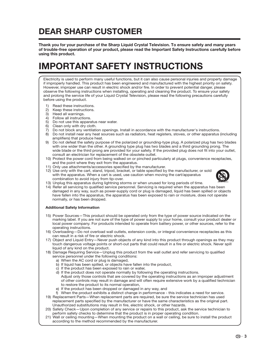 Important safety instructions, Dear sharp customer | Sharp Aquos LC 37HT3U User Manual | Page 5 / 29