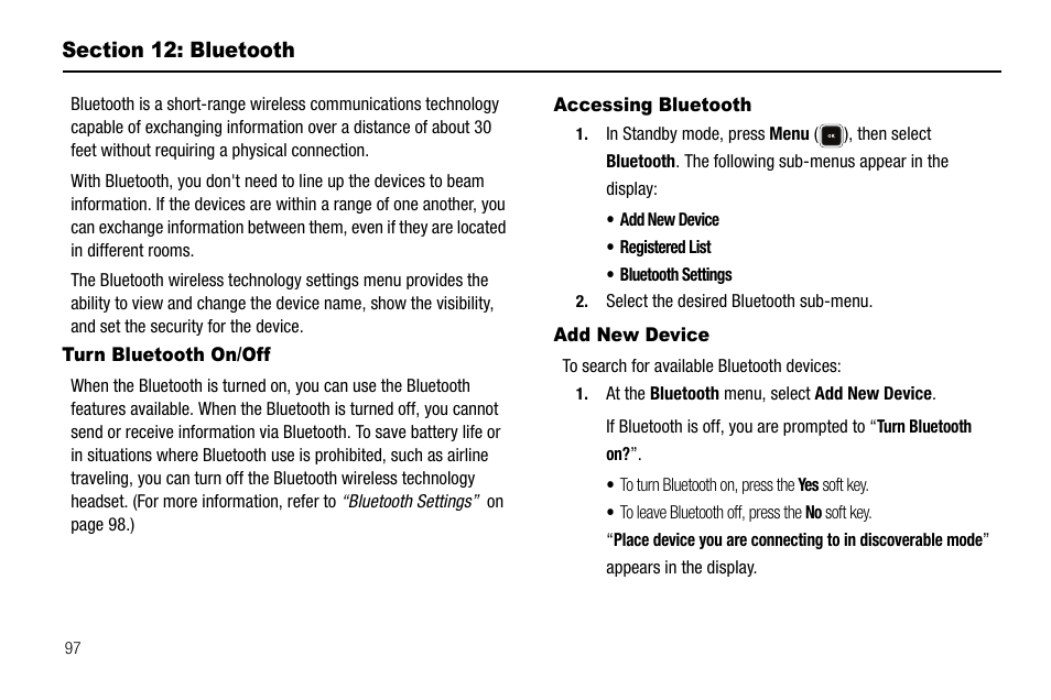 Section 12: bluetooth, Turn bluetooth on/off, Accessing bluetooth | Add new device | Sharp R520_CJ16_MM_111009_F4 User Manual | Page 100 / 169