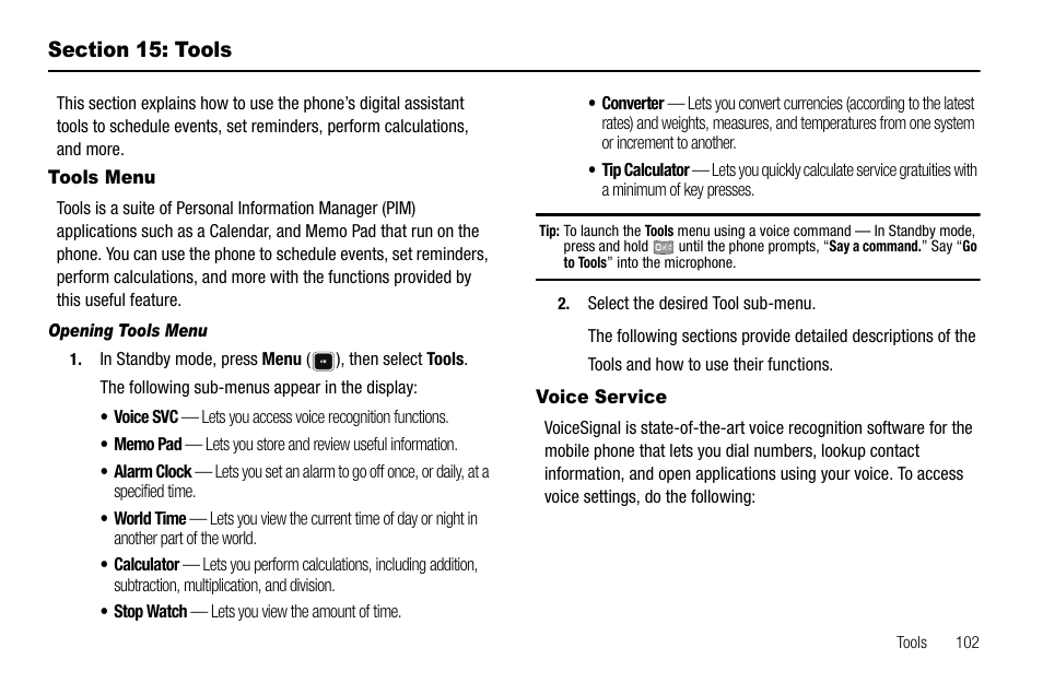 Section 15: tools, Tools menu, Opening tools menu | Voice service, Tools menu voice service | Sharp R520_CJ16_MM_111009_F4 User Manual | Page 105 / 169