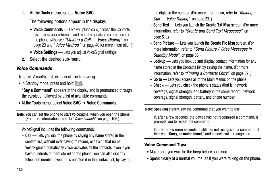 Voice commands, Voice command tips | Sharp R520_CJ16_MM_111009_F4 User Manual | Page 106 / 169