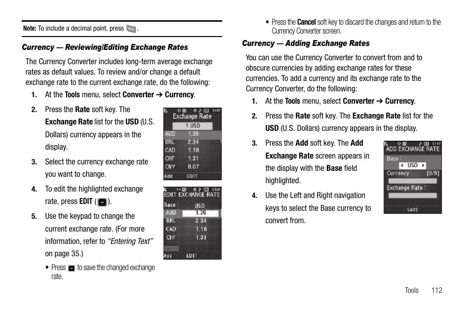 Currency — reviewing/editing exchange rates, Currency — adding exchange rates | Sharp R520_CJ16_MM_111009_F4 User Manual | Page 115 / 169