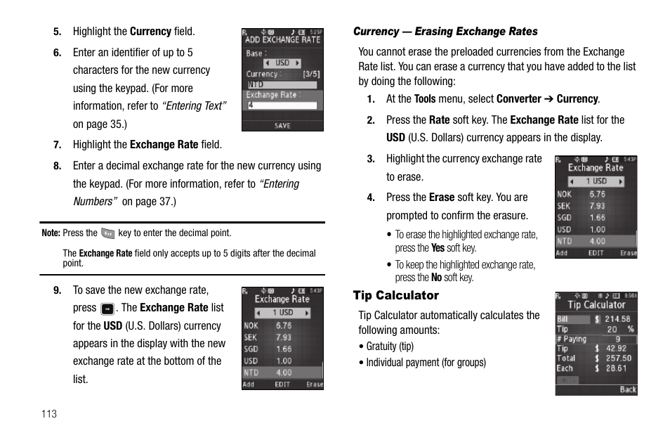 Currency — erasing exchange rates, Tip calculator | Sharp R520_CJ16_MM_111009_F4 User Manual | Page 116 / 169