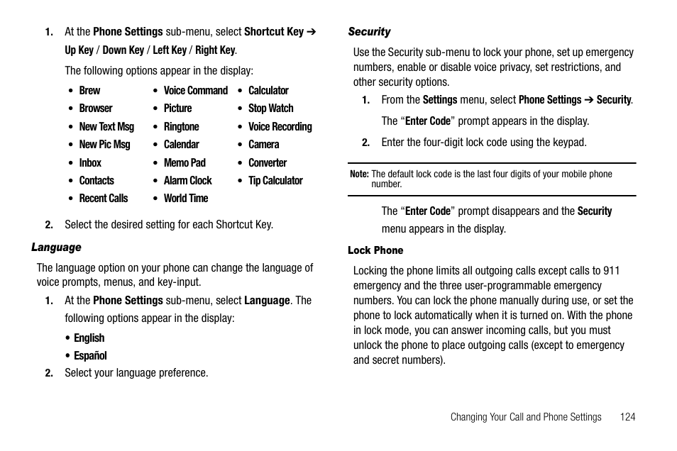 Language, Security, Lock phone | Sharp R520_CJ16_MM_111009_F4 User Manual | Page 127 / 169