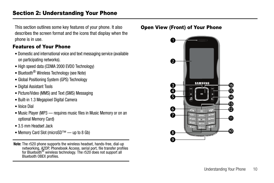 Section 2: understanding your phone, Features of your phone, Open view (front) of your phone | Sharp R520_CJ16_MM_111009_F4 User Manual | Page 13 / 169