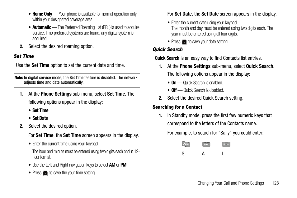 Set time, Quick search, Searching for a contact | Sharp R520_CJ16_MM_111009_F4 User Manual | Page 131 / 169