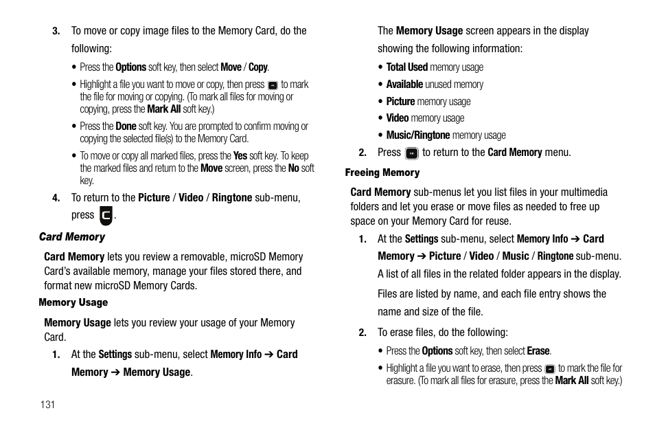 Card memory, Memory usage, Freeing memory | Sharp R520_CJ16_MM_111009_F4 User Manual | Page 134 / 169