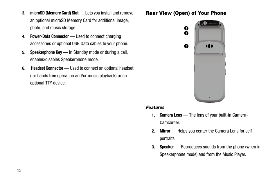 Rear view (open) of your phone, Features | Sharp R520_CJ16_MM_111009_F4 User Manual | Page 16 / 169