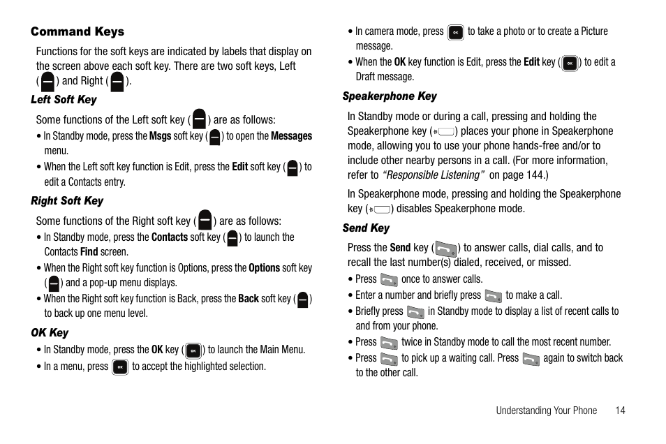 Command keys, Left soft key, Right soft key | Ok key, Speakerphone key, Send key | Sharp R520_CJ16_MM_111009_F4 User Manual | Page 17 / 169