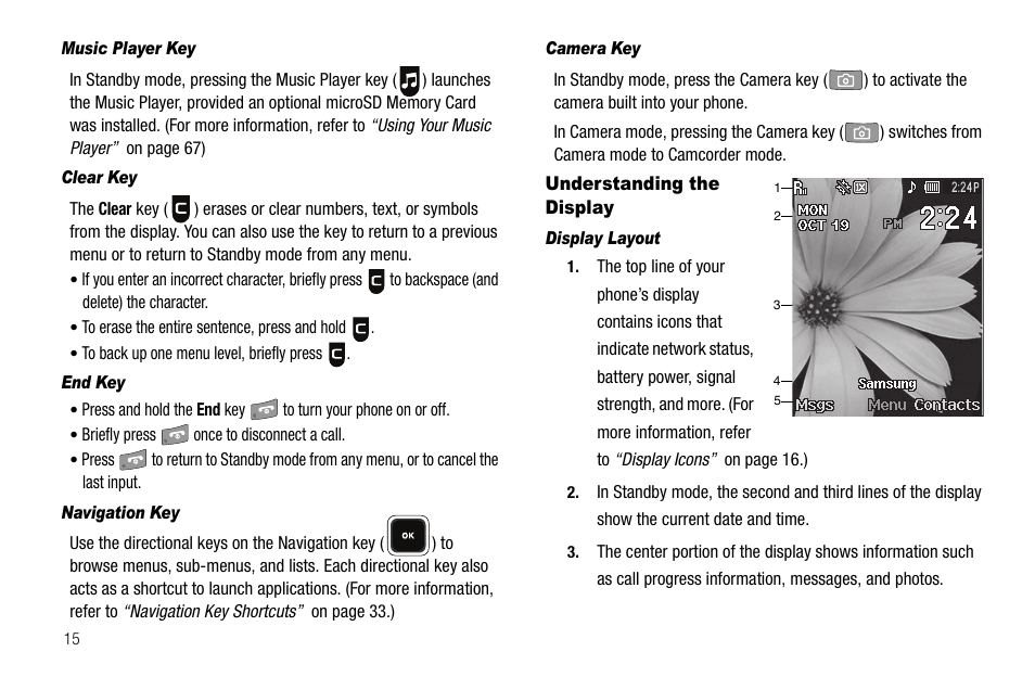 Music player key, Clear key, End key | Navigation key, Camera key, Understanding the display, Display layout | Sharp R520_CJ16_MM_111009_F4 User Manual | Page 18 / 169