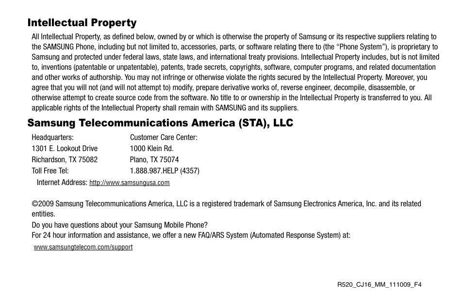 Intellectual property, Samsung telecommunications america (sta), llc | Sharp R520_CJ16_MM_111009_F4 User Manual | Page 2 / 169