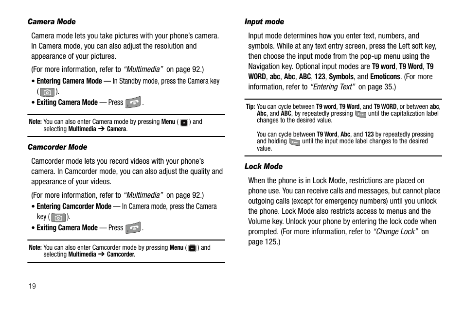 Camera mode, Camcorder mode, Input mode | Lock mode | Sharp R520_CJ16_MM_111009_F4 User Manual | Page 22 / 169