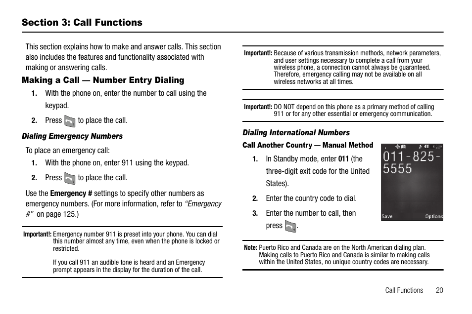 Section 3: call functions, Making a call — number entry dialing, Dialing emergency numbers | Dialing international numbers, Call another country — manual method | Sharp R520_CJ16_MM_111009_F4 User Manual | Page 23 / 169