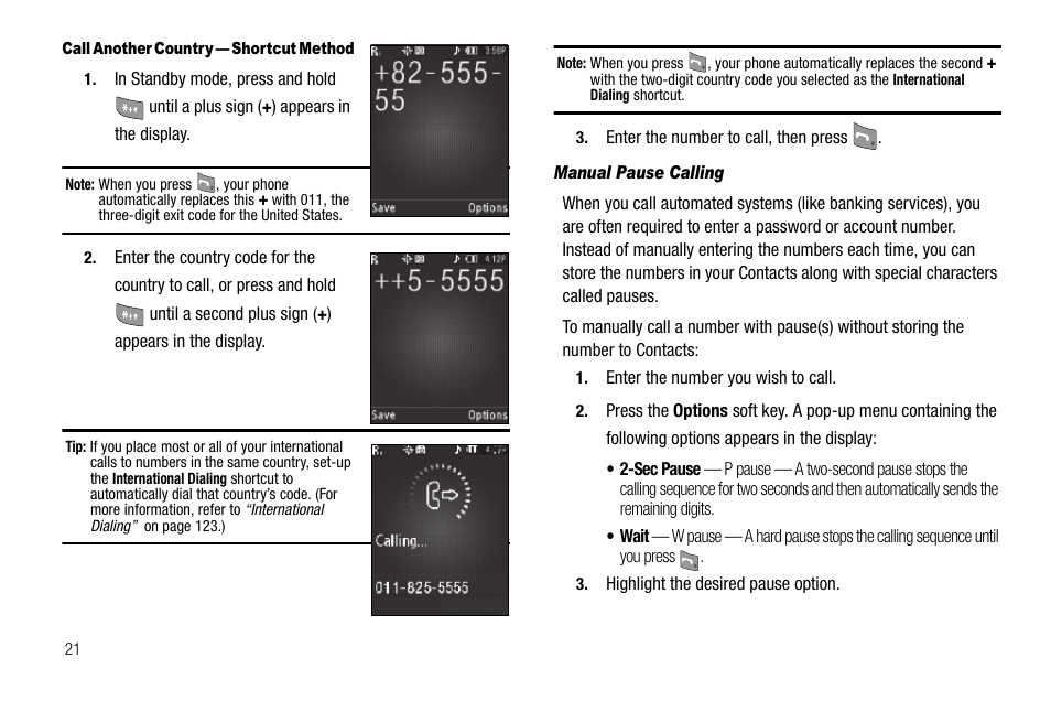 Call another country — shortcut method, Manual pause calling | Sharp R520_CJ16_MM_111009_F4 User Manual | Page 24 / 169