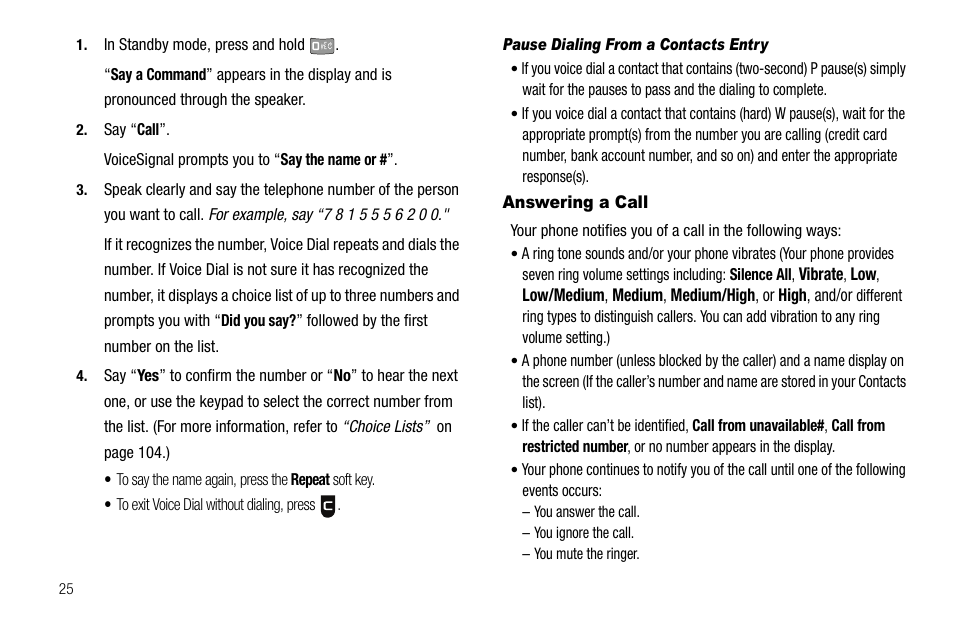 Pause dialing from a contacts entry, Answering a call | Sharp R520_CJ16_MM_111009_F4 User Manual | Page 28 / 169