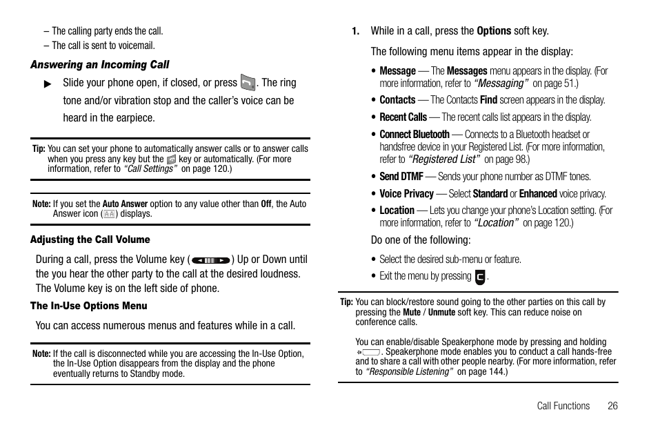 Answering an incoming call, Adjusting the call volume, The in-use options menu | Sharp R520_CJ16_MM_111009_F4 User Manual | Page 29 / 169