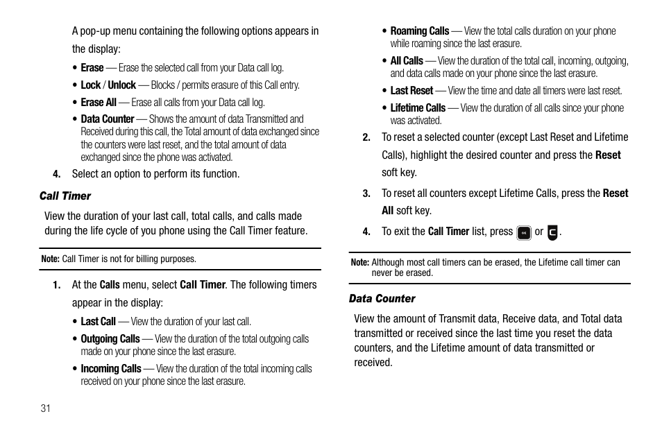 Call timer, Data counter | Sharp R520_CJ16_MM_111009_F4 User Manual | Page 34 / 169