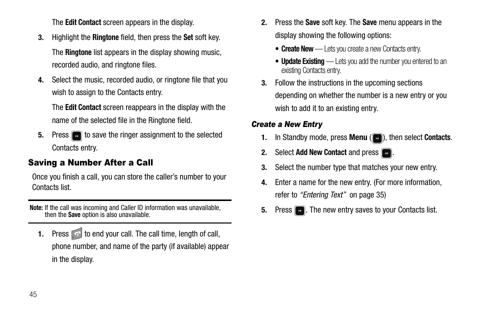 Saving a number after a call, Create a new entry | Sharp R520_CJ16_MM_111009_F4 User Manual | Page 48 / 169