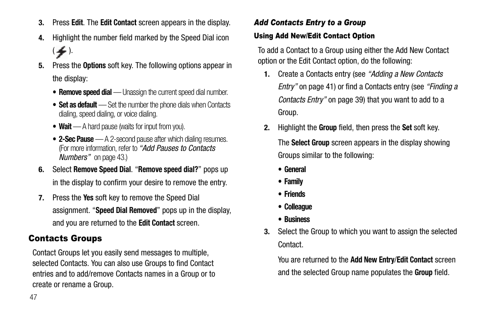 Contacts groups, Add contacts entry to a group, Using add new/edit contact option | Sharp R520_CJ16_MM_111009_F4 User Manual | Page 50 / 169