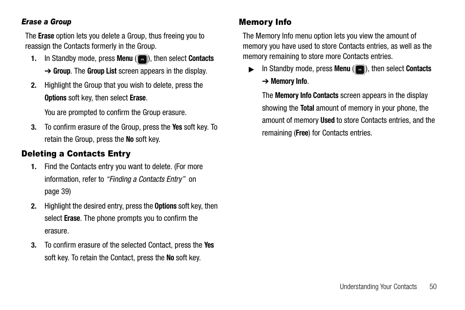 Erase a group, Deleting a contacts entry, Memory info | Deleting a contacts entry memory info | Sharp R520_CJ16_MM_111009_F4 User Manual | Page 53 / 169