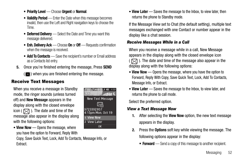 Receive text messages, Receive messages while in a call, View a text message now | Sharp R520_CJ16_MM_111009_F4 User Manual | Page 55 / 169