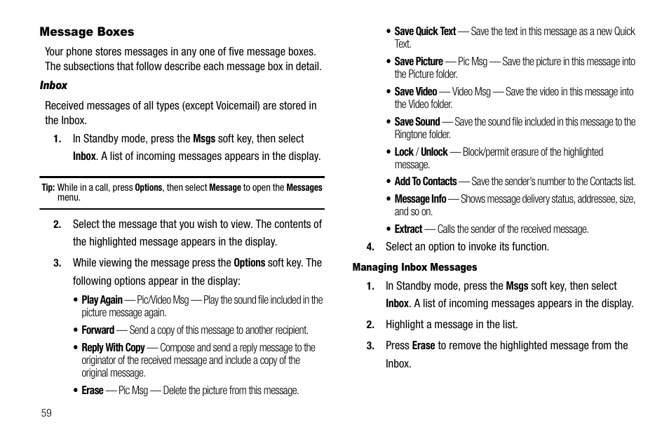 Message boxes, Inbox, Managing inbox messages | Sharp R520_CJ16_MM_111009_F4 User Manual | Page 62 / 169