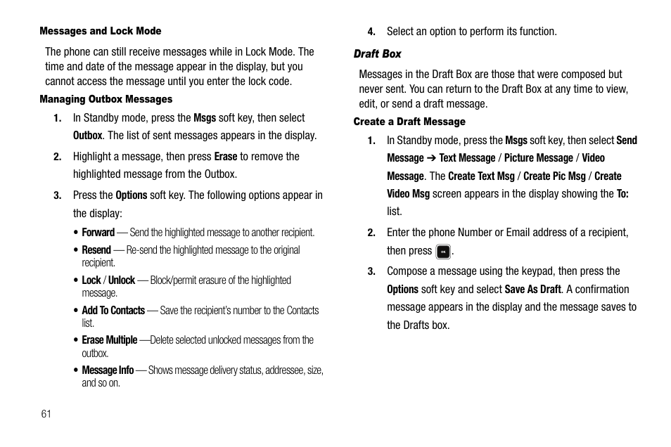 Messages and lock mode, Managing outbox messages, Draft box | Create a draft message | Sharp R520_CJ16_MM_111009_F4 User Manual | Page 64 / 169