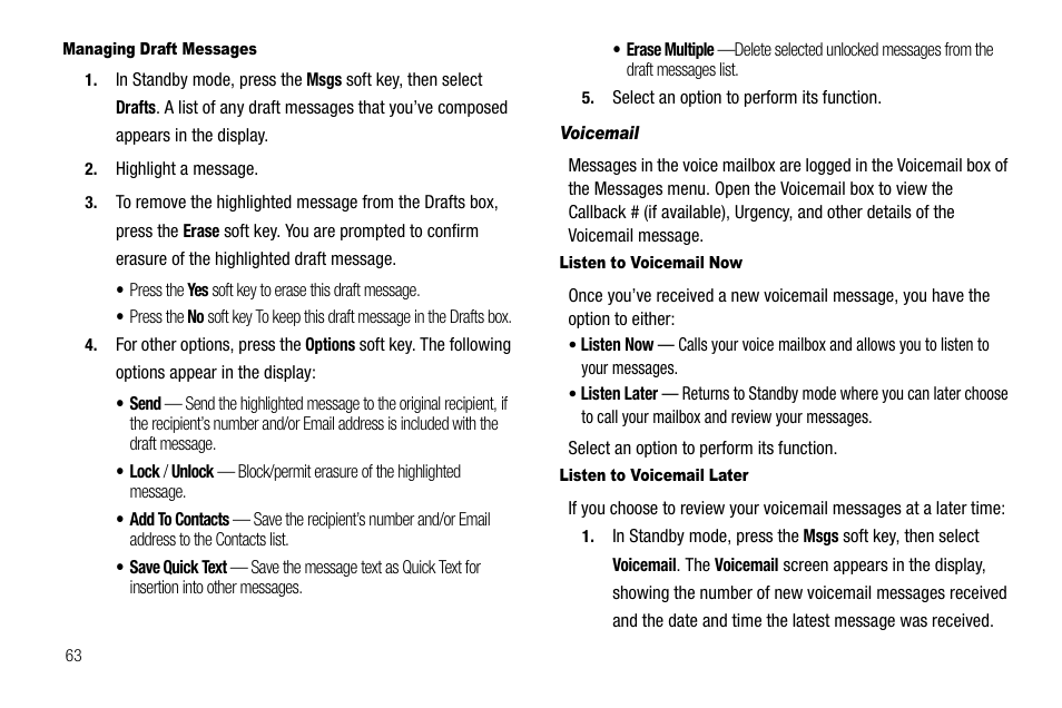 Managing draft messages, Voicemail, Listen to voicemail now | Listen to voicemail later | Sharp R520_CJ16_MM_111009_F4 User Manual | Page 66 / 169