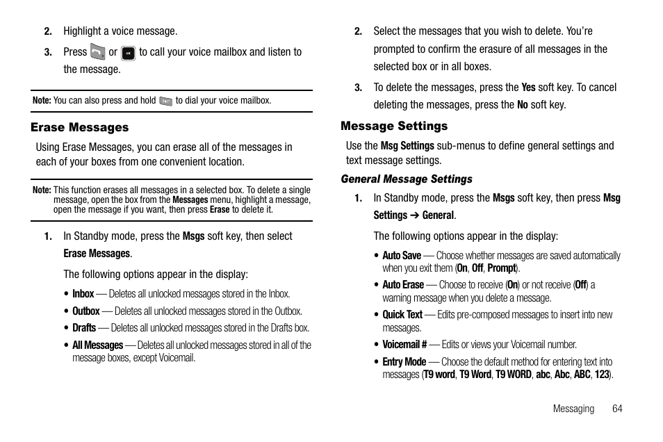 Erase messages, Message settings, General message settings | Erase messages message settings | Sharp R520_CJ16_MM_111009_F4 User Manual | Page 67 / 169