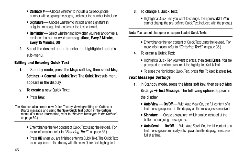 Editing and entering quick text, Text message settings | Sharp R520_CJ16_MM_111009_F4 User Manual | Page 68 / 169
