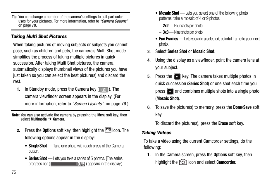 Taking multi shot pictures, Taking videos | Sharp R520_CJ16_MM_111009_F4 User Manual | Page 78 / 169