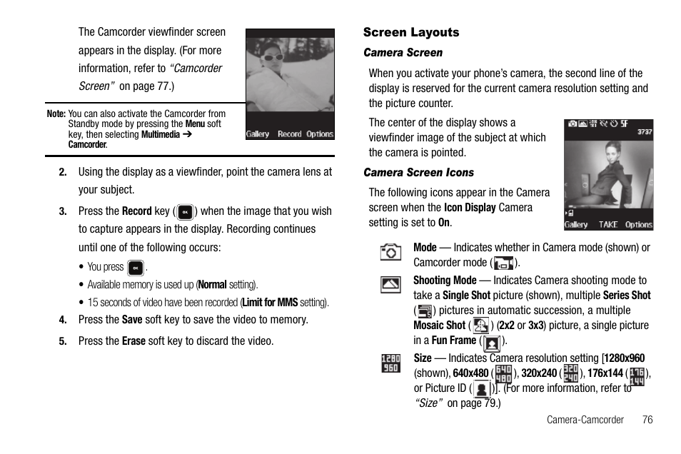 Screen layouts, Camera screen, Camera screen icons | Sharp R520_CJ16_MM_111009_F4 User Manual | Page 79 / 169