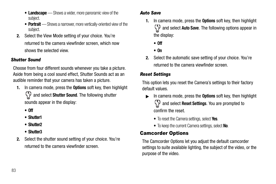 Shutter sound, Auto save, Reset settings | Camcorder options | Sharp R520_CJ16_MM_111009_F4 User Manual | Page 86 / 169