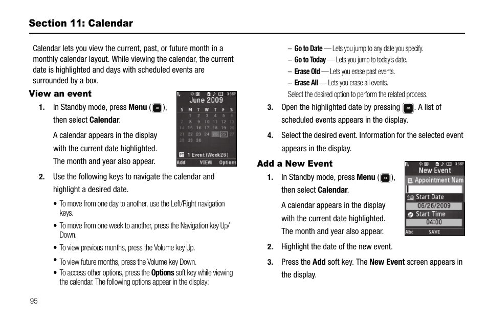 Section 11: calendar, View an event, Add a new event | View an event add a new event | Sharp R520_CJ16_MM_111009_F4 User Manual | Page 98 / 169