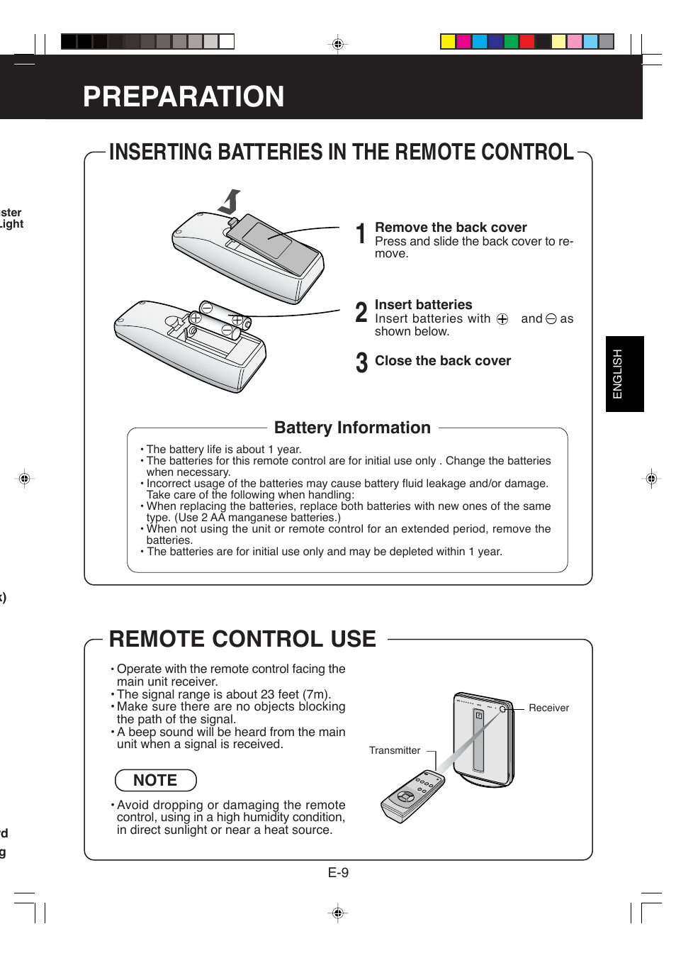 Preparation, Inserting batteries in the remote control, Remote control use | Battery information | Sharp FP-P40CX User Manual | Page 11 / 22