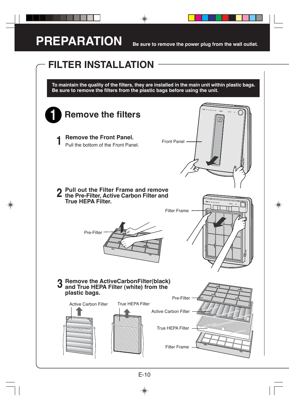 Preparation, Filter installation, Remove the filters | Sharp FP-P40CX User Manual | Page 12 / 22