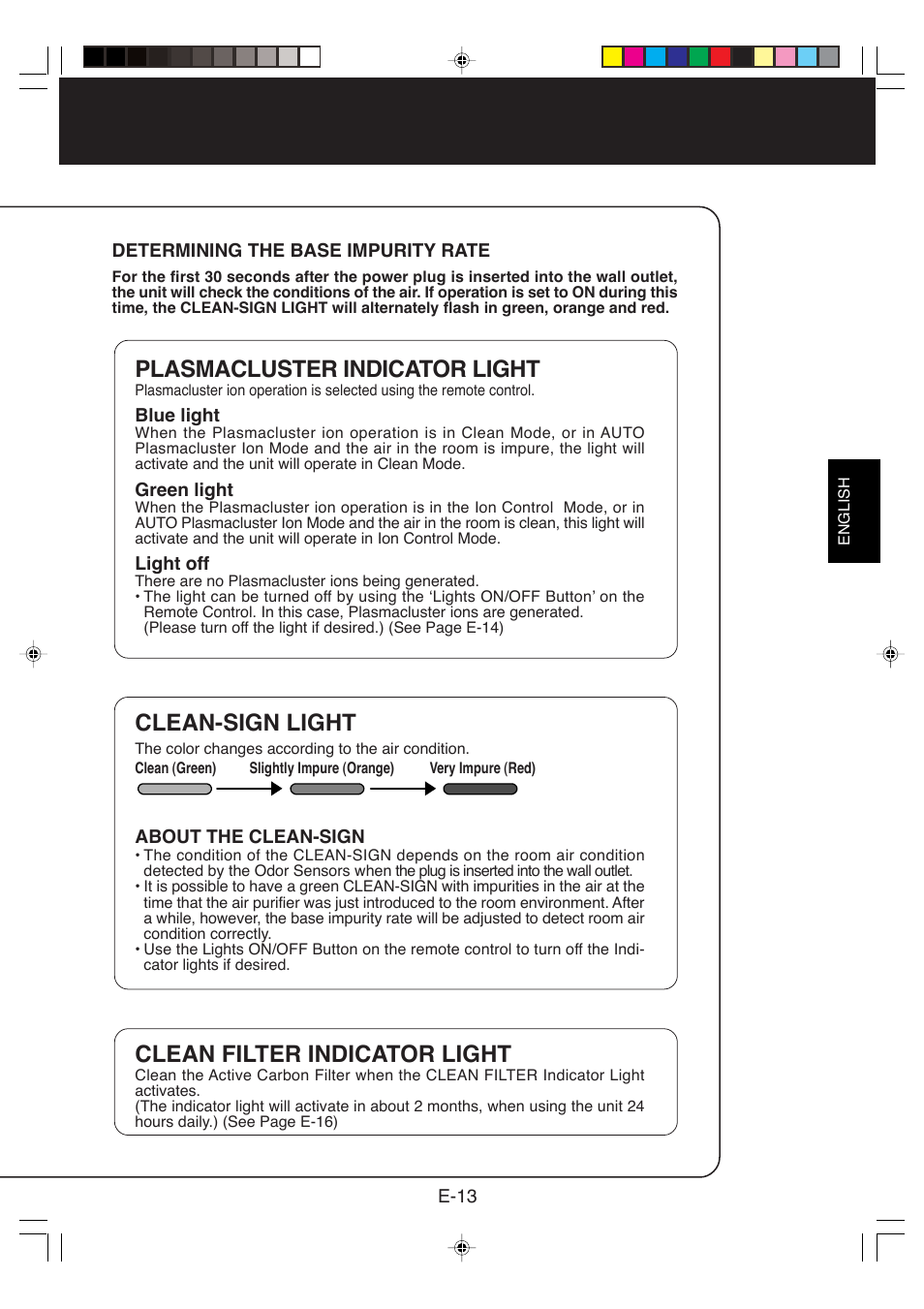 Plasmacluster indicator light, Clean-sign light, Clean filter indicator light | Sharp FP-P40CX User Manual | Page 15 / 22