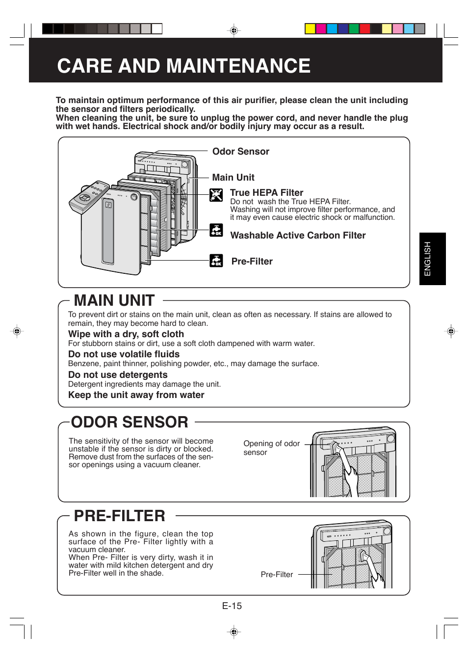 Care and maintenance, Odor sensor, Main unit pre-filter | Sharp FP-P40CX User Manual | Page 17 / 22