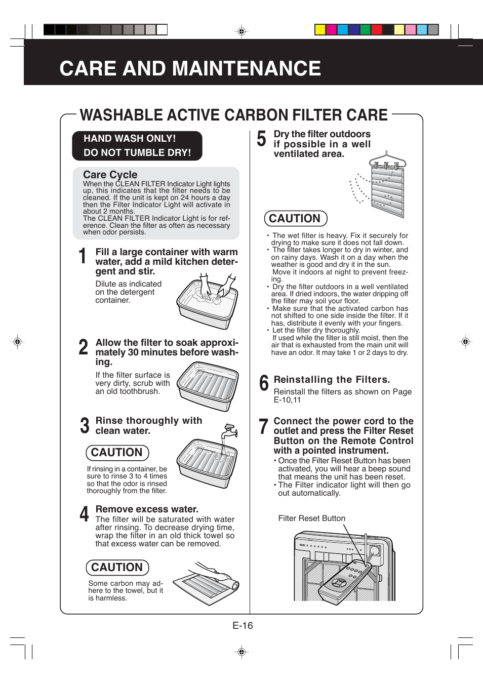 Care and maintenance, Washable active carbon filter care | Sharp FP-P40CX User Manual | Page 18 / 22